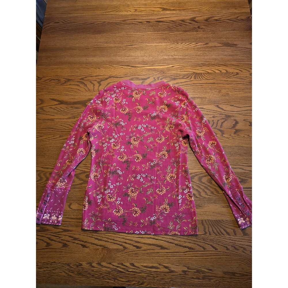 Sundance Loretta Thermal Tee Womens XS Waffle Knit Top Floral Velvet Cuff Pink - Picture 5 of 6